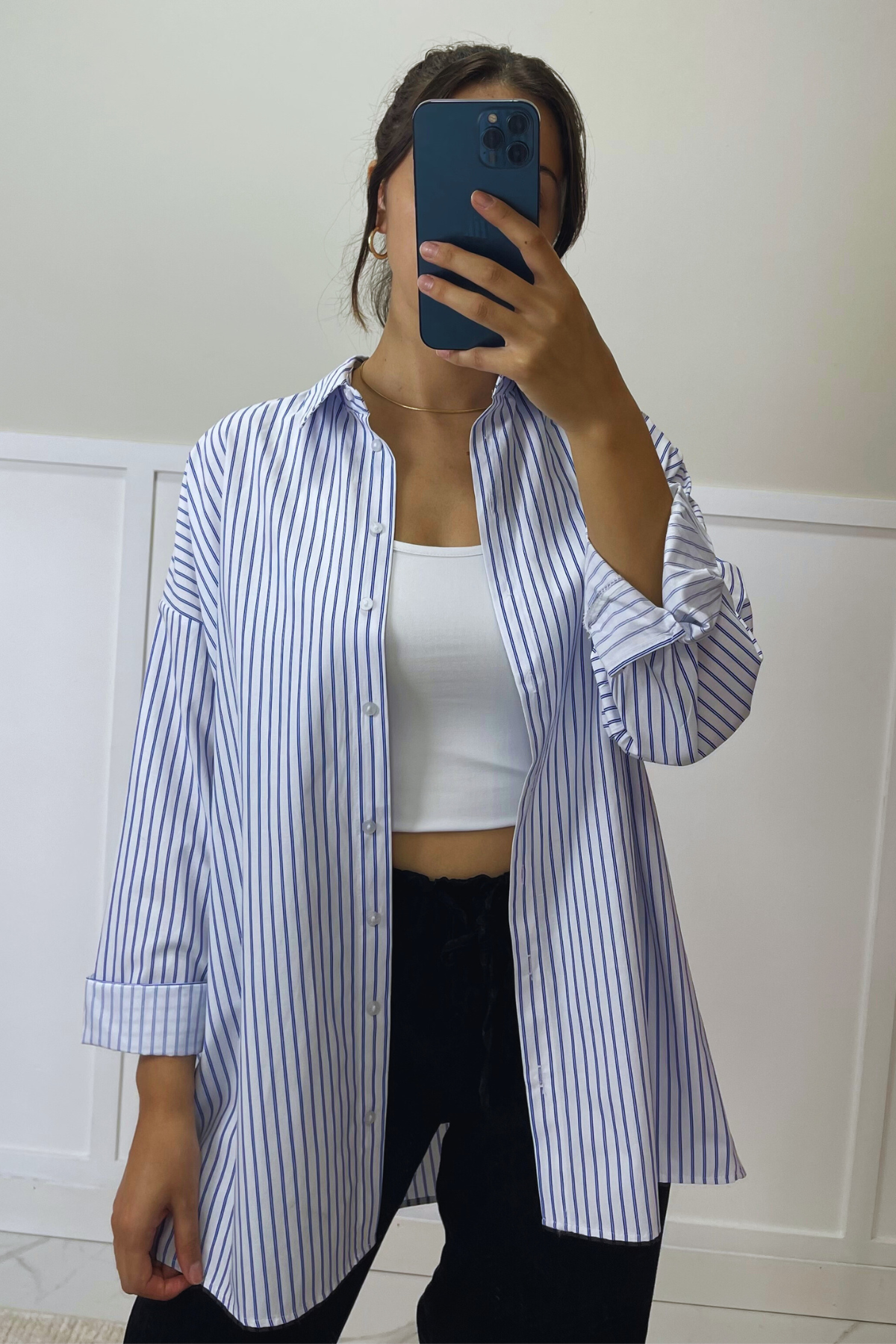 Mavi Çizgili Oversize Gömlek