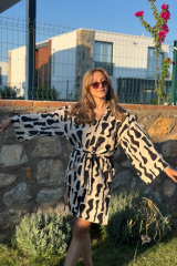 Siyah Beyaz Keten Kimono/Sabahlık